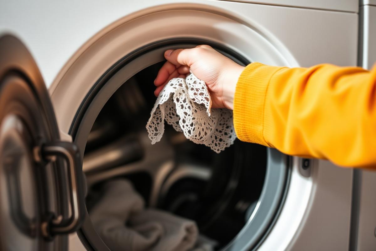 Hand pulling clean laundry from a washing machine drum