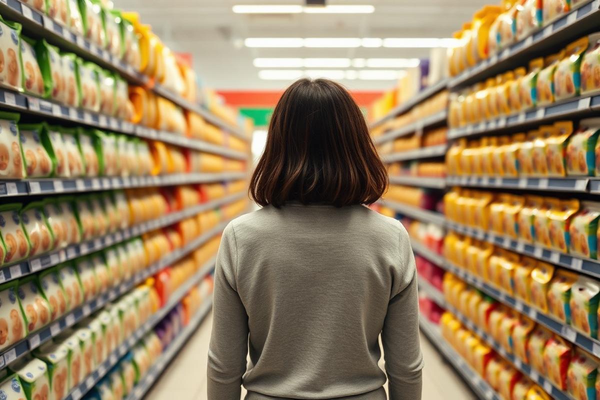 Parent looking at a wall of similar baby food packs in a supermarket aisle