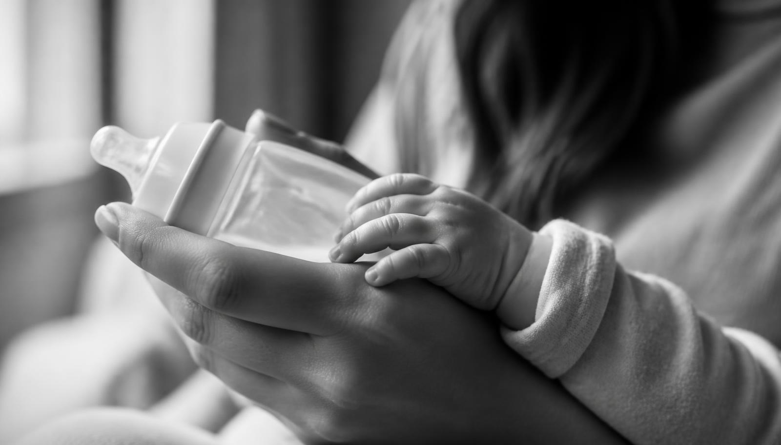 Parent feeding a baby with a bottle at the kitchen table
