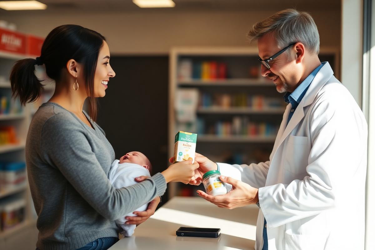 Pharmacist handing a box of baby formula to a parent holding a newborn