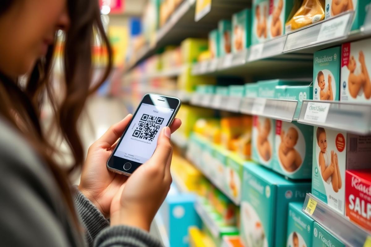 Parent scanning a QR code on a baby product pack with a smartphone