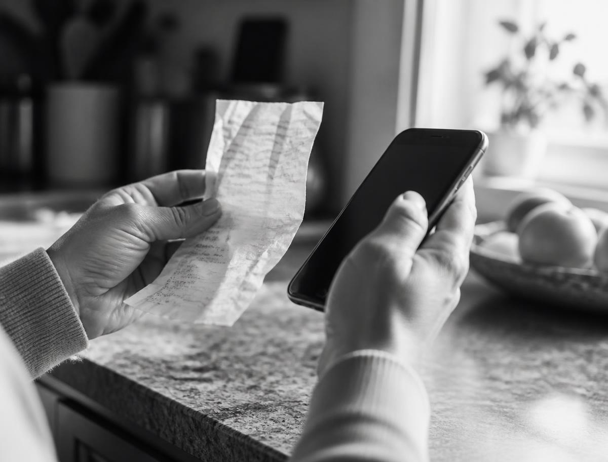 Hands holding a paper receipt next to a smartphone