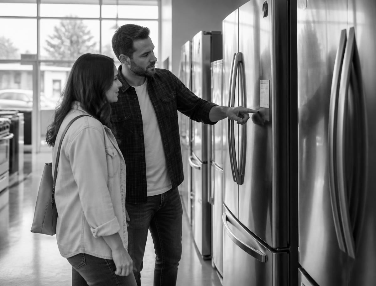 Couple comparing fridges in an appliance showroom
