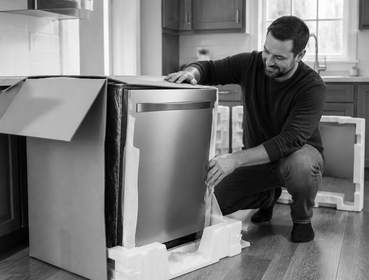 Man unpacking a new dishwasher in his kitchen