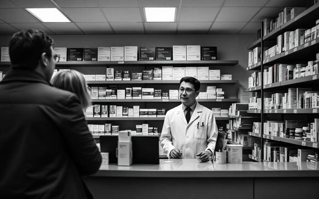 A pharmacist talking with a customer at the pharmacy counter