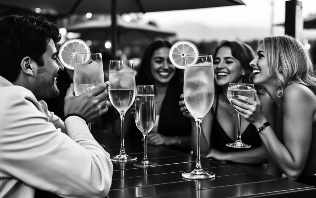 Friends enjoying spritz cocktails at a bar terrace