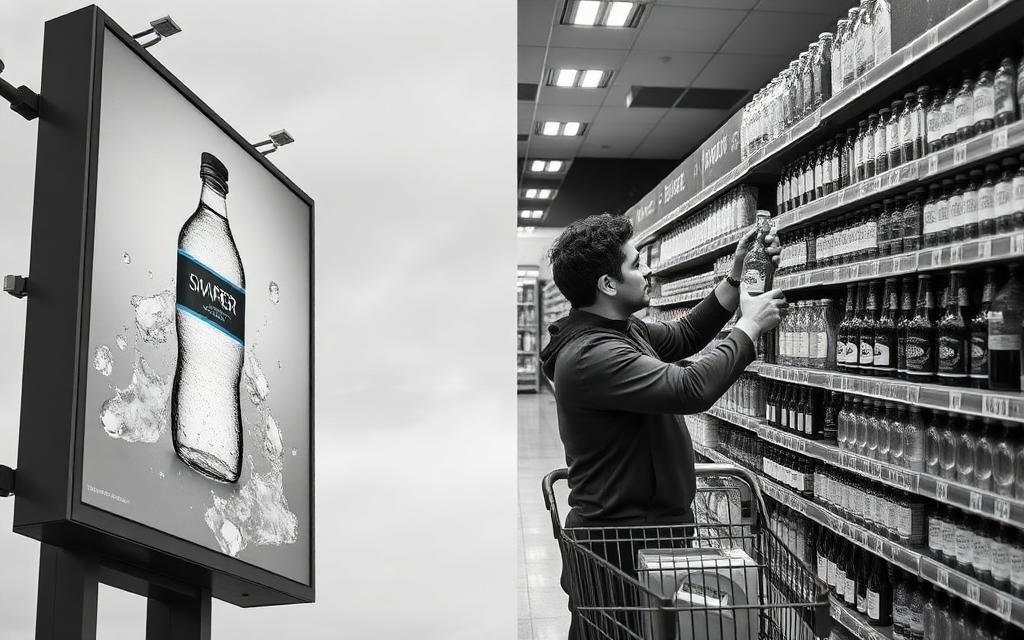 A water brand ad on a billboard next to a shopper picking the same bottle in a supermarket aisle
