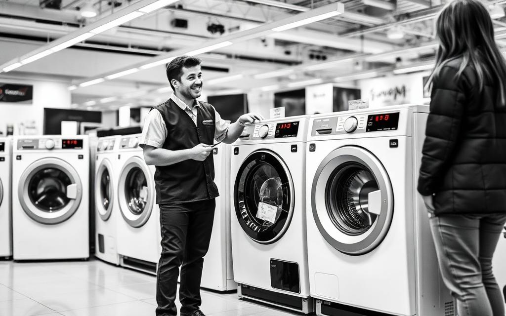 A sales promoter next to a washing machine in a consumer electronics store explaining a promotion
