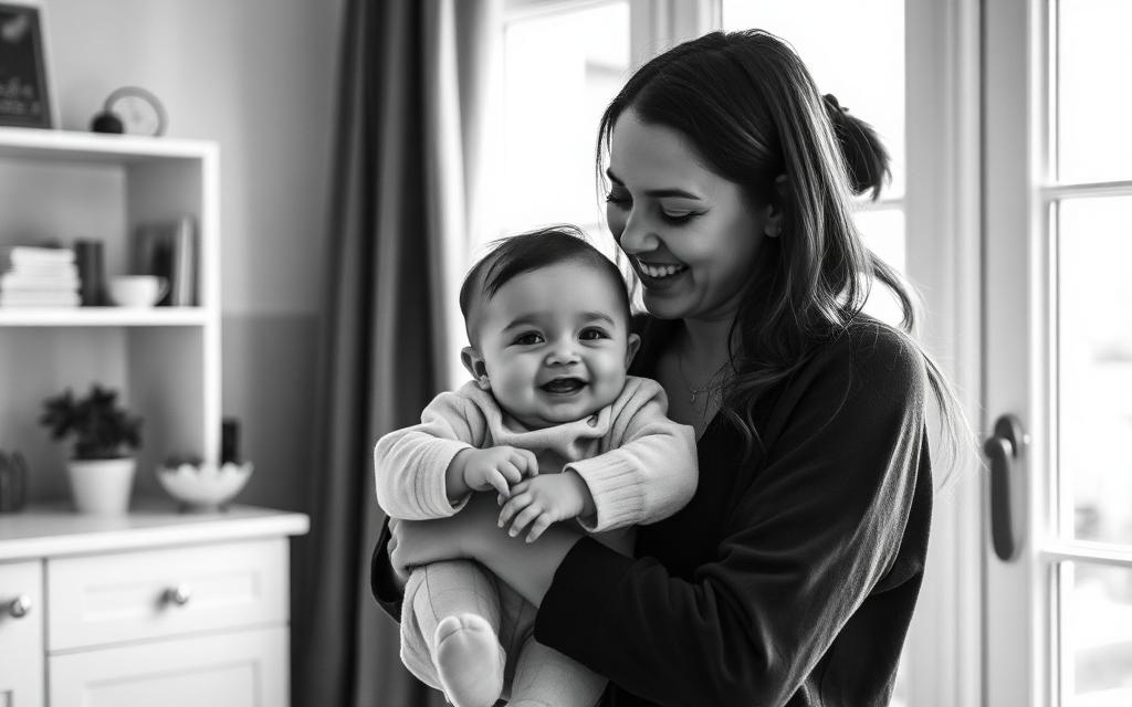 A mother holding her baby at home
