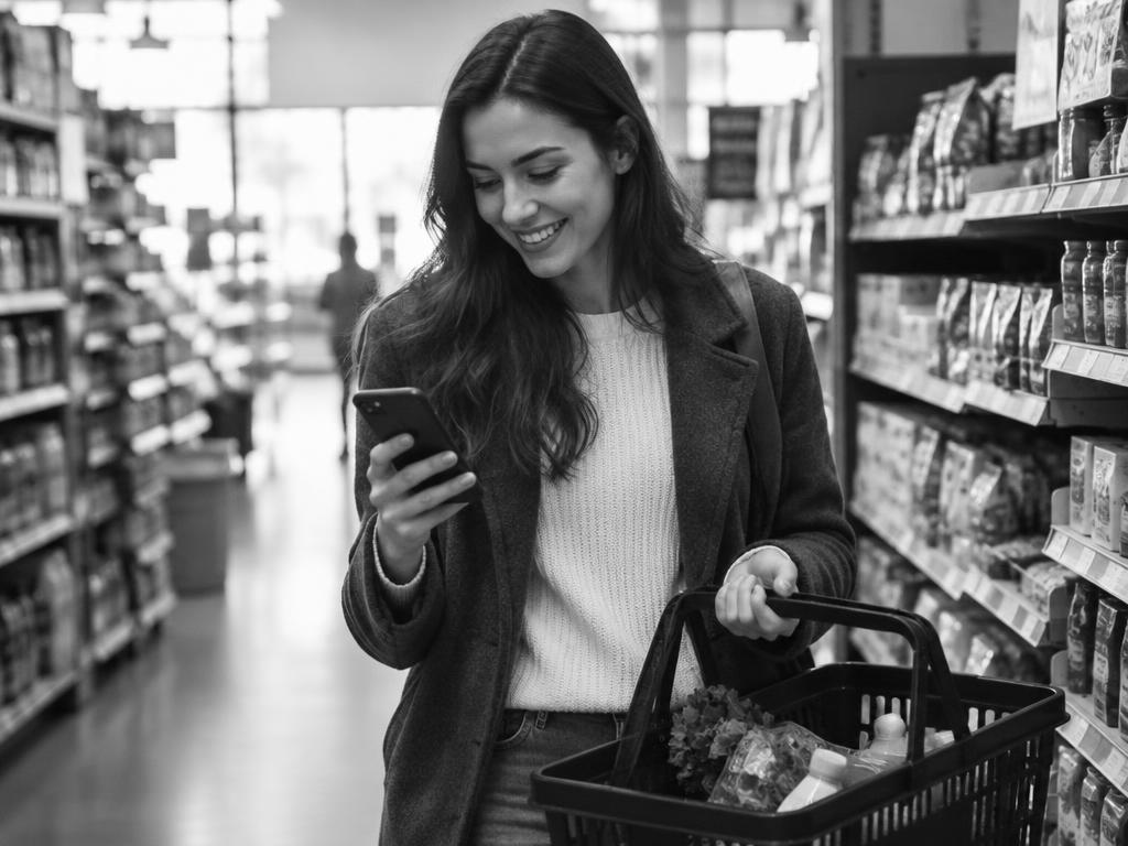 A shopper checking a message on her phone in a supermarket