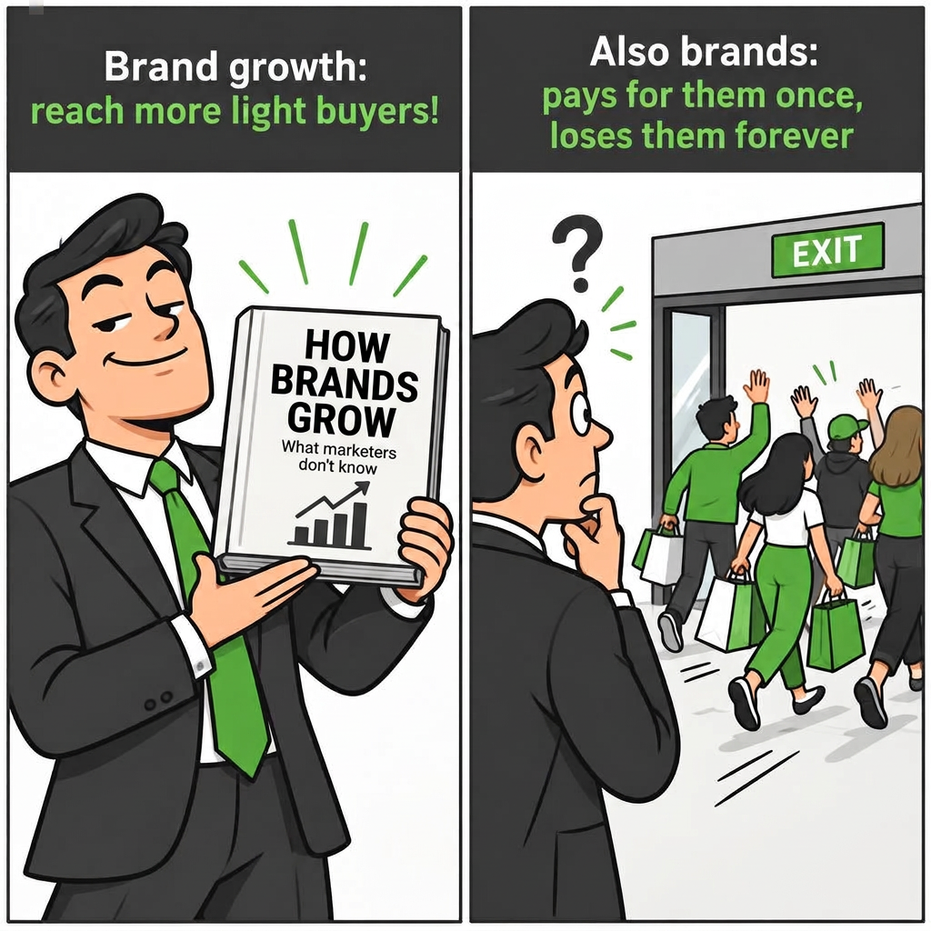 Meme: a marketer proudly holds a book on growth, then watches the new buyers he paid for walk out the exit