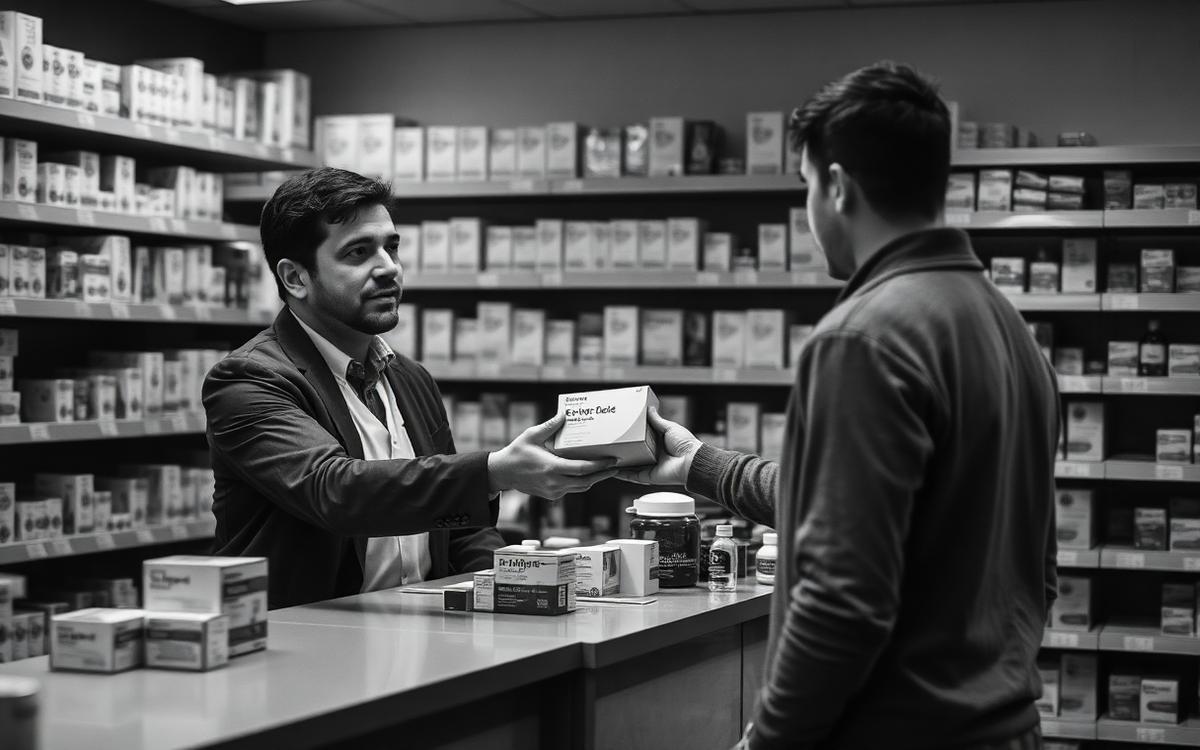 Pharmacist handing an over-the-counter box to a customer at the counter