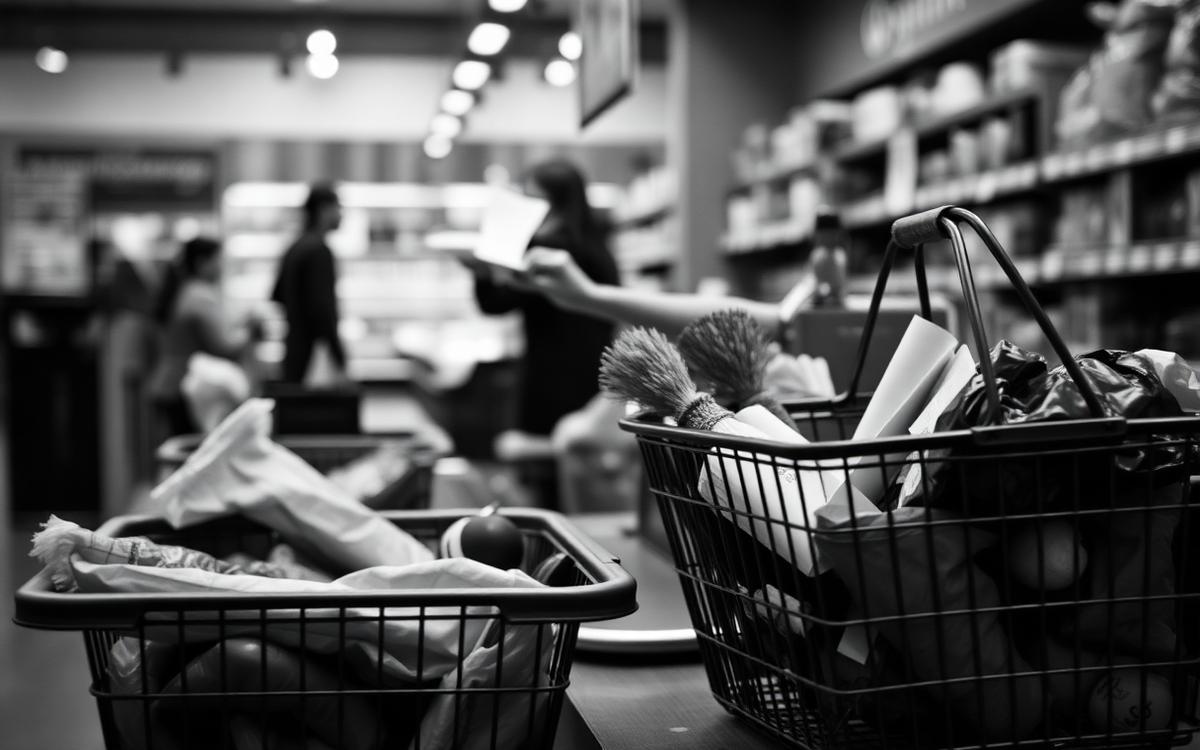 Full shopping baskets at a supermarket checkout with a printed receipt